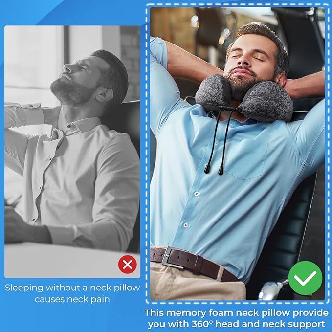ExploreBliss Travel Pillow, 2 Pack Travel Pillows for Sleeping Airplane, Neck Pillow Airplane, Memory Foam Neck Pillow Set with Eye Mask, Earplugs and Storage Bag -Grey & Blue