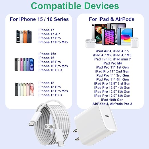 iPhone 16 15 Charger Fast Charging,3Pack 20W Fast Charging USB C Charger with 10Foot Long Type C to C Cable Cord TypeC Block Brick for iPhone 17/16e/16/16Pro/16 Plus/16 ProMax/15 Pro,iPad Air/Pro/Mini