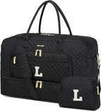 Initial Travel Duffle Bag for Women - Black Personalized Weekender bags Overnight Bag with Shoe Compartment & Wet Pocket Weekend Tote Bags with Toiletry Bag Monogram Christmas Gift (Letter L)