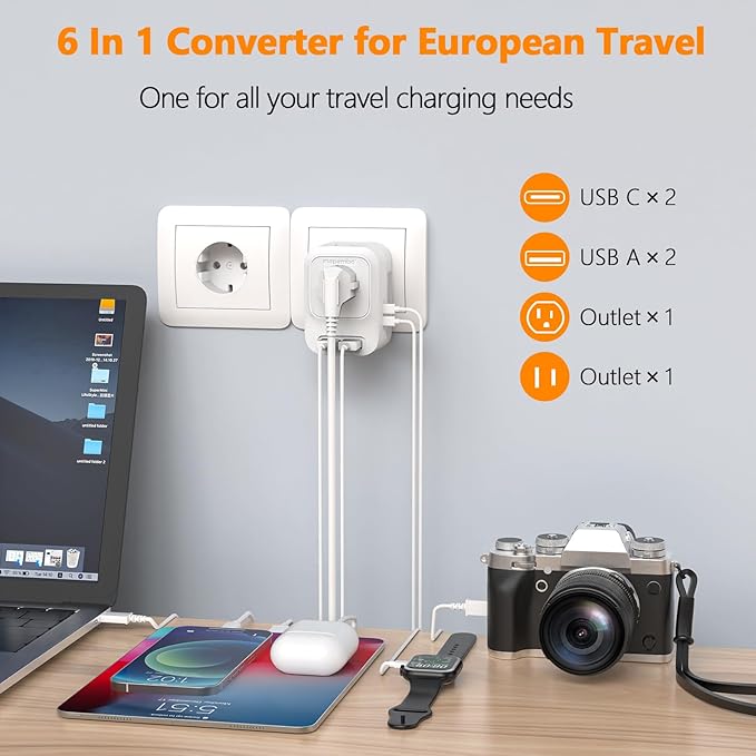 220V to 110V Voltage Converter US to Europe with 2 USB A & 2 USB C Ports Fast Charging, Power Converter for European Travel International Universal Travel Adapter for Germany France Italy Spain