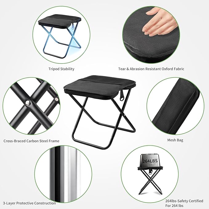 Camping Stool Collapsible Stool, Portable Folding Stool for Adults, Lightweight Foldable Stools for Outdoor Camping Hiking Fishing Travel Gardening Picnic Beach, Holds 264.5LBS(Black)