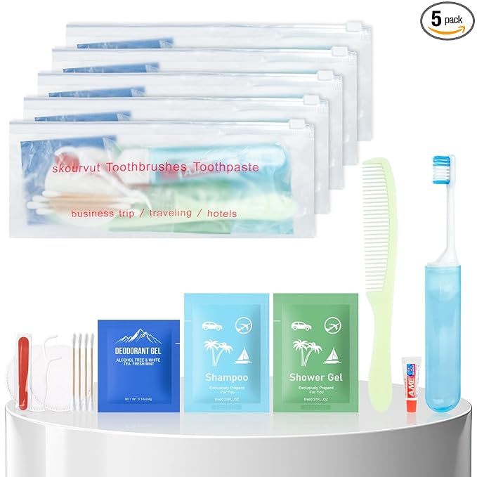 Travel Size Toiletries Bulk Hygiene Kits Toiletry Kit Homeless Care Package Supplies in Zip Pouch,Homeless Kit Bulk Perfect for Camping,Hotel,Charity Men Women Students(Pack of 5)