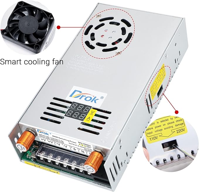 DROK 60V Power Supply, AC 110V 220V to DC 0-60V 0-8A 480W Buck Converter, Amp Adjustable Adapter Regulated 12V 24V 36V 48V 60Volt Switching Voltage LED Transformer Charger for Computer CCTV Lab