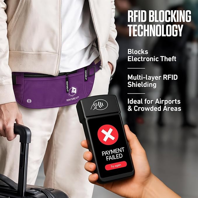 VENTURE 4TH Money Belt for Travel – Slim Hidden Under-Clothes RFID Blocking Anti-Theft Passport Holder & Travel Wallet Pouch for Men & Women to Protect Cash, Cards & Documents (Purple)