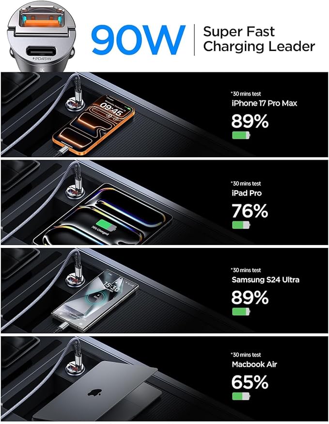 MRGLAS 2-Pack 90W USB C Car Charger,[Super Mini Metal] Car Charger Fast Charging Adapter PD+QC3.0 Dual Port Type C Car Cigarette Lighter USB Compatible iPhone 17 16 15 Pro Max iPad Samsung S26 25