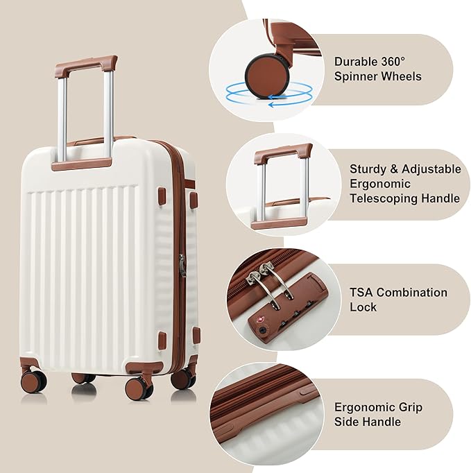 3 Piece Luggage Set ABS Hardshell Lightweight Suitcase Sets with Spinner Wheels and TSA Lock, 20 inch with Front Opening Design and USB Port, 20" Airline Certified Carry-on Luggage, 20"24"28", White