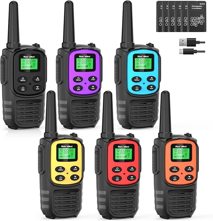 MaxTalker Walkie Talkies Long Range for Adults, Rechargeable Walkie Talkies 6 Pack with 22 FRS Channels, 2 Way Radios, NOAA, Li-ion Battery, LED Flashlight, VOX Gift for Family Hiking Camping