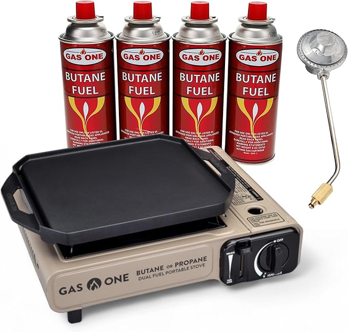 GasOne Propane or Butane Gas Stove with Flat Top Griddle Included – Dual Fuel Propane Grill Tent Stove Burners for Cooking for Camping, Kitchen – Diecast Aluminum with Non Stick Coating Stove + 4 Fuel