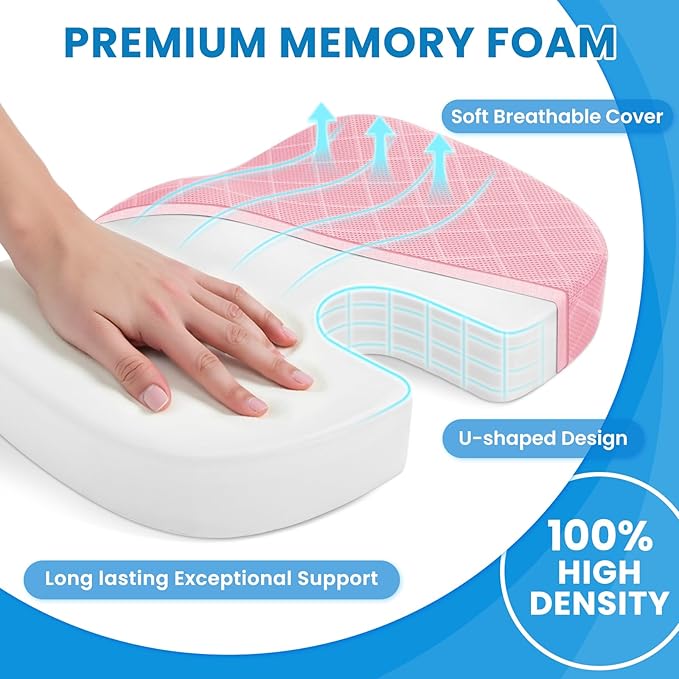 TushGuard Office/Car Seat Cushion, Non-Slip Sciatica & Back Coccyx Tailbone Pain Relief Chair Pad, Memory Foam Butt Pillow for Computer Desk, Wheelchair, Driving (Pink, X-Large)