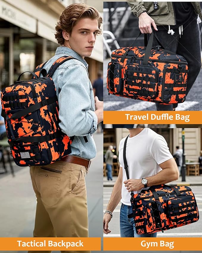 50L Gym Bags for Men, 3 in 1 Travel Duffle Bag with Shoe Compartment, Tactical Military Backpack for Overnight Weekender Gym Traveling Workout Deployment