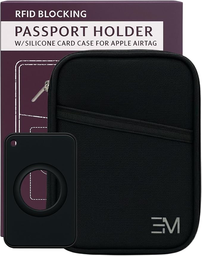 EM Premium Products RFID Protection Travel Wallet & Passport Holder – Zippered Organizer Case with AirTag card holder – Holds Cards, Cash, ID, Tickets
