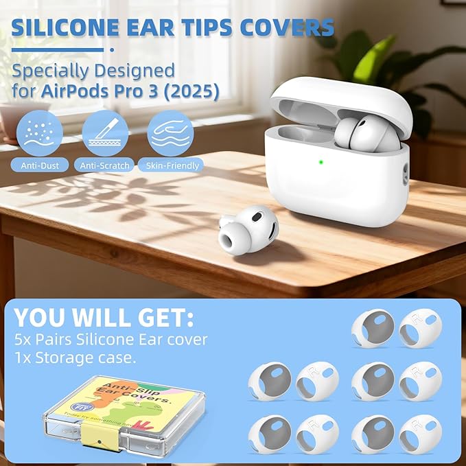 [5 Pairs] for AirPods Pro 3 Ear Tips Cover [Fit in Case], Soft Silicone AirPod Pro 3 Ear Cover Anti Slip Air Pod pro 3 Accessories Compatible with AirPods Pro 3rd Generation Earbuds 2025 (White)