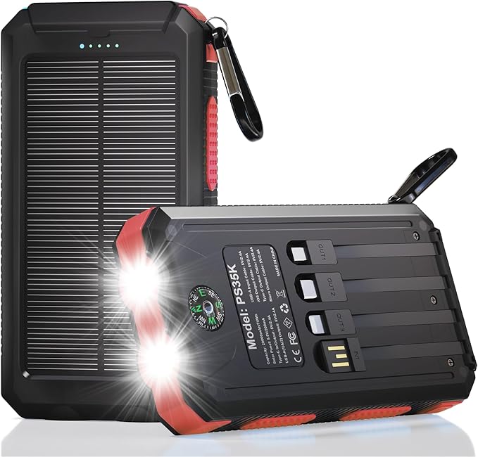 Solar Charger Power Bank 20,000mAh, Portable Charger, 4 Cables 3 Ports Fast Charging External Battery Pack with USB C for Cell Phones, Solar Panel Charger with Dual Flashlight for Camping Red