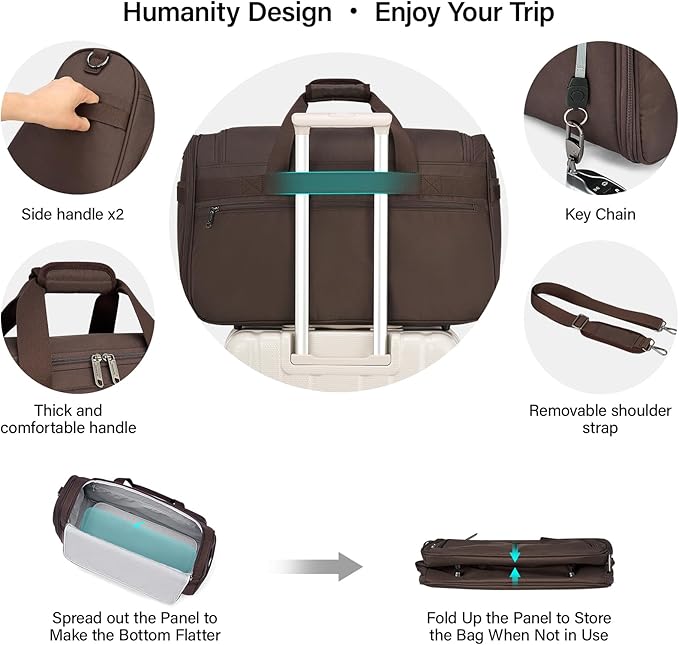 Hanke Large Capacity Travel Duffel Bag, Carry On Luggage with 12 Pockets, 17 Inch Laptop Compartment, Wet Dry Separation & Independent Shoe Bag, Lightweight Foldable Duffel Bag for Women Men（Coffee）