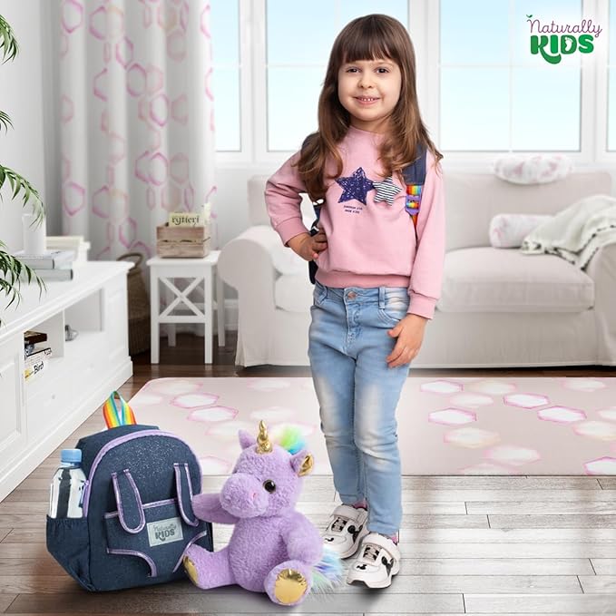 Naturally KIDS 【Upgraded】 Toddler Backpack w Removable Purple Unicorn Toy for Girls Age 2-6 | Side&Inner Pockets, Reflective Logo, Sparkling Material | Christmas Gift for 4 year old Girl
