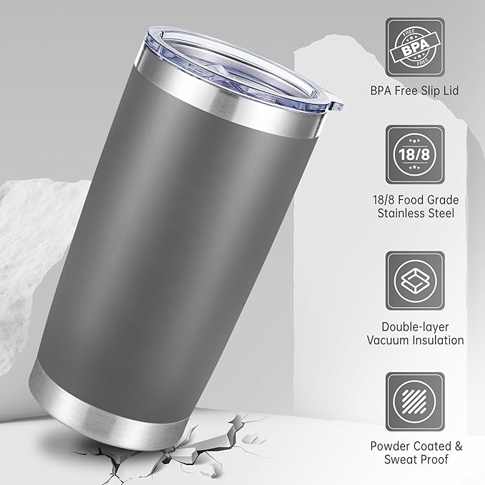 20 oz Tumblers Bulk Stainless Steel Tumbler with Lid Double Wall Vacuum Insulated Coffee Mug 20oz Powder Coated Cup for Hot and Cold Drinks, Gray, 6 pack