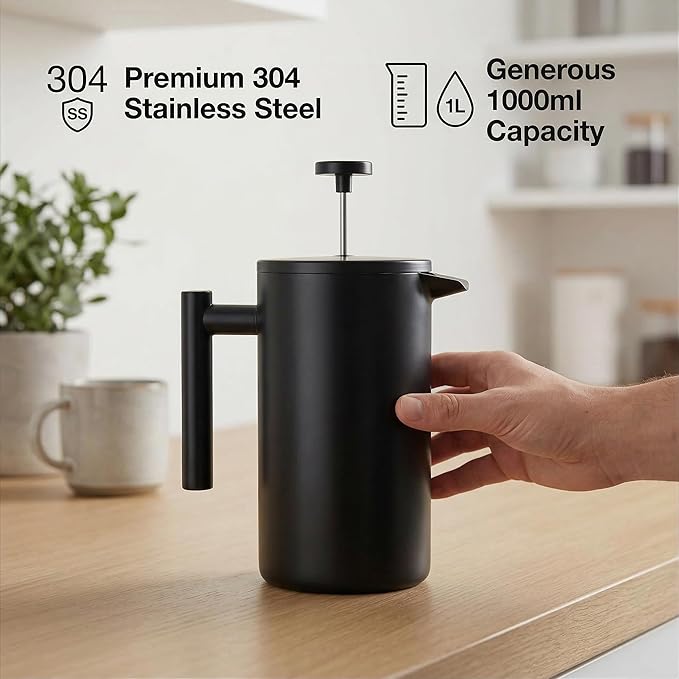 YJX 34oz Coffee Maker, Stainless Steel French Press, 1 Liter Camping Coffee Pot, Tea Maker, 34 Ounce Travel Coffee Presses, Heat Resistant Double Insulated (Black)