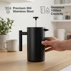 YJX 34oz Coffee Maker, Stainless Steel French Press, 1 Liter Camping Coffee Pot, Tea Maker, 34 Ounce Travel Coffee Presses, Heat Resistant Double Insulated (Black)