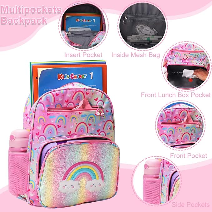 RHCPFOVR Kids Backpack for Girls - Girls Backpack 3-8 Ages Rainbow for Kids 15 Inch School Bookbag for Kindergarten Elementary School Bookbag for Girl 1st 2nd Grade