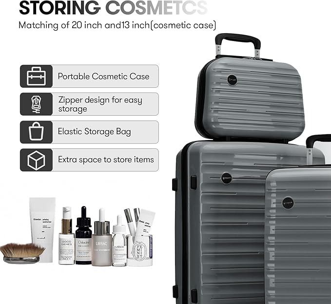 GinzaTravel 20" Carry On Luggage and 13" Mini Cosmetic Cases Travel Set Lightweight Polypropylene Suitcase with TSA Lock Hardside Luggage with Spinner Wheels (2 Piece Set, Gray)