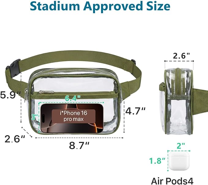 Veckle Clear Fanny Pack Stadium Approved - Plus Size 35-51 Inch Adjustable Strap Transparent Belt Bag for Women Men Fits 7.5" Smartphone, Crossbody Clear Bag for Stadium Events Sports Concerts, Green