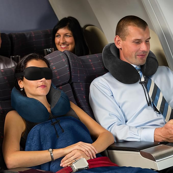 urnexttour Travel Pillow and Blanket Set Neck Pillows Travel Essentials with Sleep Mask for Airplane Car Memory Foam Blue