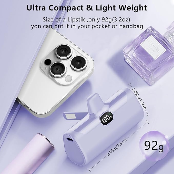 LUCKYDUO Mini Portable Charger for iPhone,5000mAh Ultra Compact Small Power Bank Built-in Phone Holder and LED Light,LCD Display Battery Pack for Travel,Compatible with 14/13/12/11/XR/SE/8/7 Pro Max