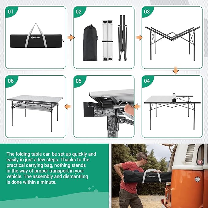 KingCamp Folding Camping Table, Portable Camp Table Foldable Aluminum Roll Up Seamless Desktop with Storage and Tall Legs for Outdoor Backyard Picnic