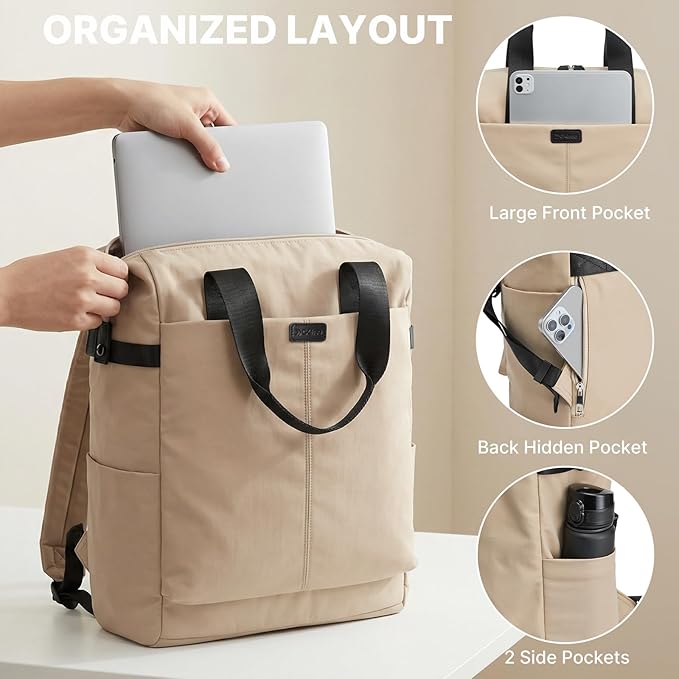 G4Free Protective 16" Laptop Backpack, Large Work Bag for Men Women, Slim Casual Backpacks for Travel, College, Business, Khaki