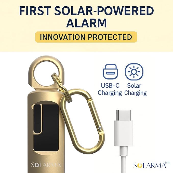 HerTime2 Personal Safety Alarm for Women - Loud Self Defense Siren, Waterproof Keychain with Strobe Light - Solar Rechargeable, Gold