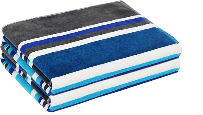 COTTON CRAFT Oversized XL Beach Towel - 39 x 68 inches - 2 Pack XL Towels - 100% Cotton Velour - Big & Huge - Pool Picnic Bath - Thick Plush Super Soft Luxury - 450 GSM - Cancun Blue Multi