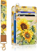 Yonlevres Sunflower Credit Card Holder Slim Wallet, RFID Wallet Women Front Pocket Wristlet Lanyard, Small Card Holder Travel Funny Cute Thin Card Case ID Window PU Leather Card Organizer Gifts Girls