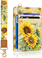 Yonlevres Sunflower Credit Card Holder Slim Wallet, RFID Wallet Women Front Pocket Wristlet Lanyard, Small Card Holder Travel Funny Cute Thin Card Case ID Window PU Leather Card Organizer Gifts Girls