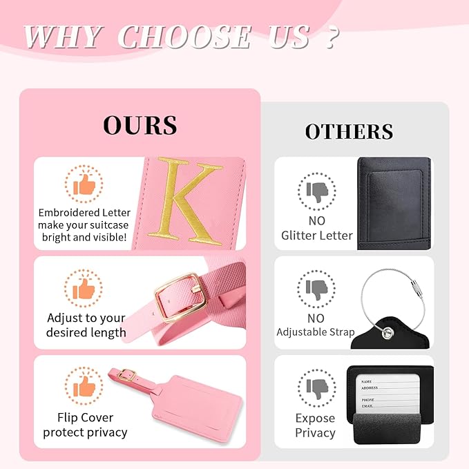 Personalized Initial Luggage Tags for Suitcase, Pink Leather Cute Luggage Tags with Privacy Cover Name Card, Embroidered Custom Monogrammed Luggage Tag Travel Bag Baggage Tags Gifts for Women Kids(K)