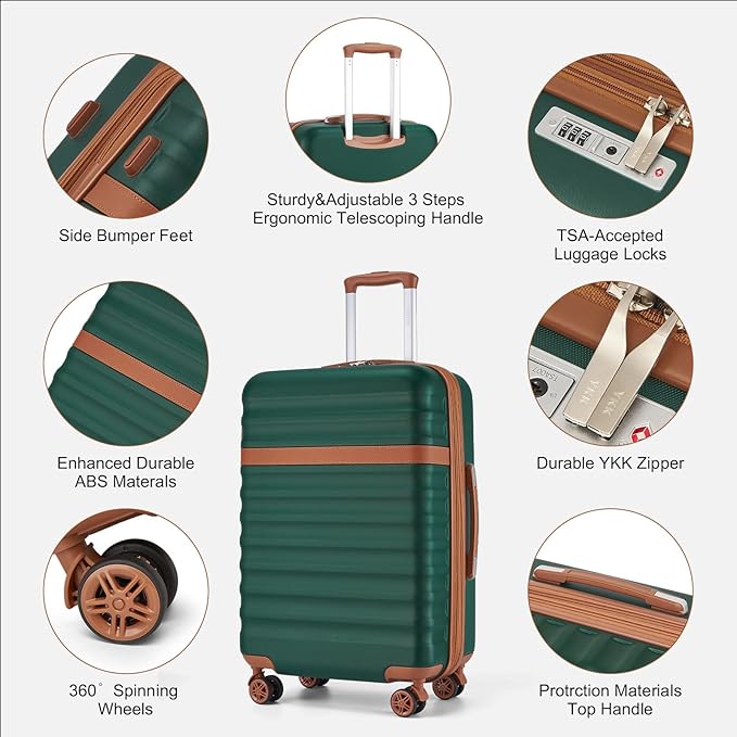 Kono Airline Approved Suitcase Set 3 Piece Luggage Set Lightweight Carry On Travel Luggage, TSA Lock Spinner Wheels Hardshell (Green/Brown, (BP/20))