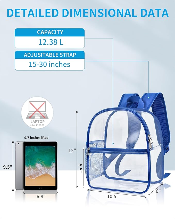 Paxiland Clear Backpack Stadium Approved 12×12×6 with Reinforced and Wider Shoulder Straps, Small Clear Bag for Schools, Concerts, Work, Festivals and Sporting Events - Blue