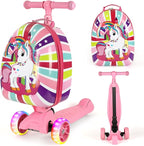 3-in-1 Ride-On Scooter Suitcase, Hardside Ride On Suitcase For Kids Ages 4-15 with LED Light-Up Wheels, Retractable Handle, Foldable & Detachable Scooter Travel Trolley Ride On Luggage-Pink