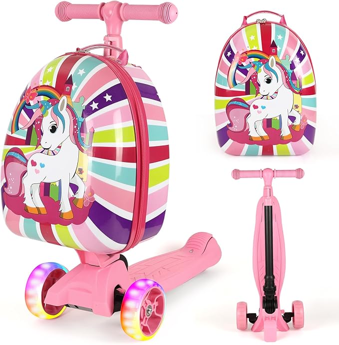 3-in-1 Ride-On Scooter Suitcase, Hardside Ride On Suitcase For Kids Ages 4-15 with LED Light-Up Wheels, Retractable Handle, Foldable & Detachable Scooter Travel Trolley Ride On Luggage-Pink