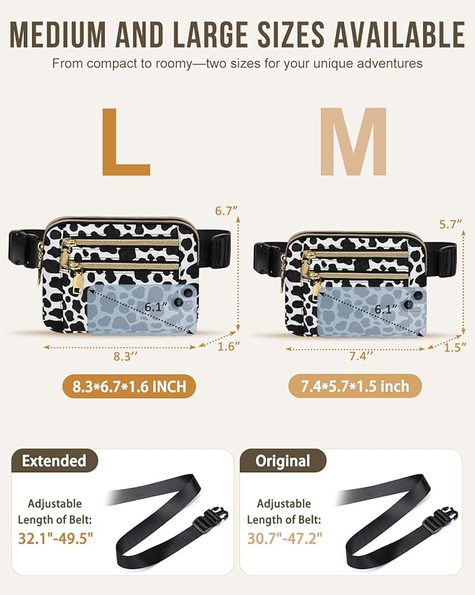 Capolo Fanny Packs for Women Fashion Waist Packs Bag with Adjustable Strap and 4 Zipper Pockets Waterproof Everywhere Crossbody Belt Bag for Workout Running Travelling(Cow Print, Large)