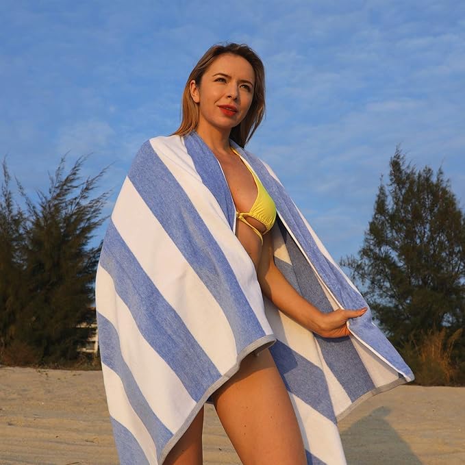 HENBAY Cotton Oversized Beach Towel - Large 70 x 35 Inch Pool Towel, Blue Striped Quick Dry Swimming Cabana Towel