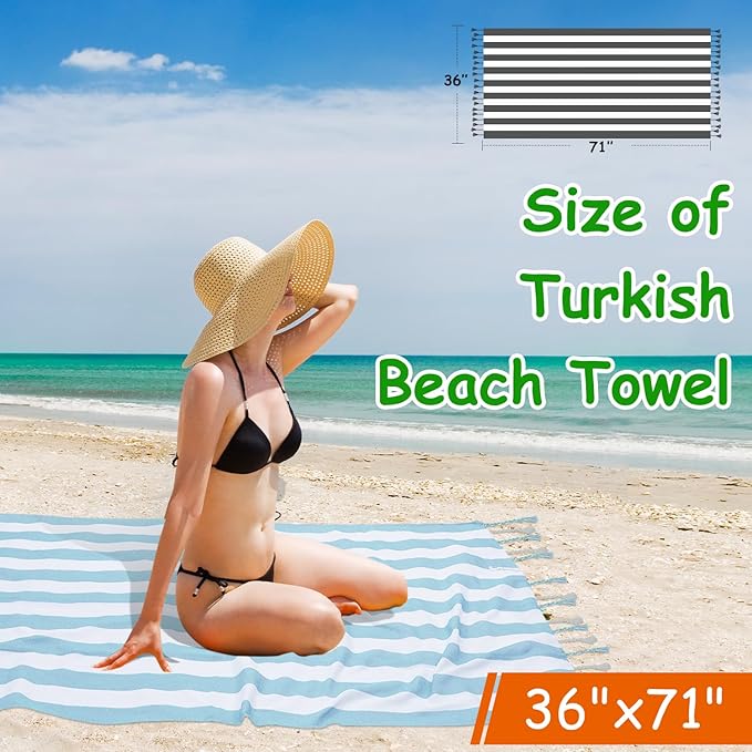 Set of 6 Turkish Beach Towel, Cotton Beach Towels, 36 x 71 Inches Turkish Towel, Sand Free, Quick Dry, Lightweight Beach Towels for Adult Blue