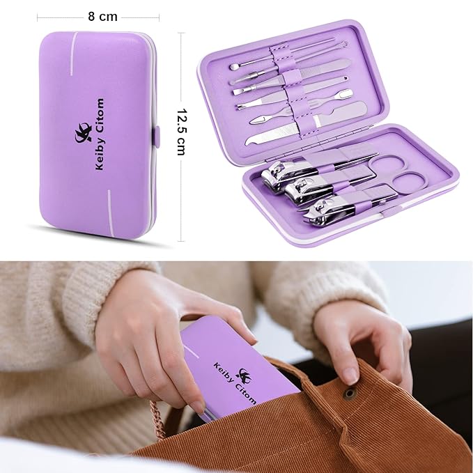 Manicure Set, Travel Mini Nail Clippers Kit Pedicure Care Tools, 10pcs Stainless Steel Grooming kit (Violet)