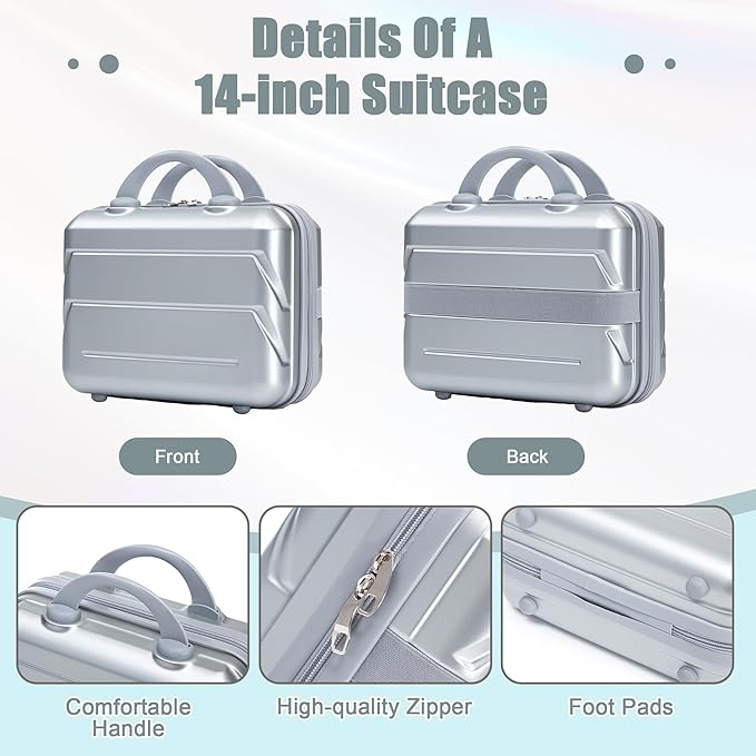 Kids Luggage Sets for Girls, 2 Piece Luggage Set, 20 Inch Rotating Wheel Suitcase with 14 Inch Cosmetic Case, Lightweight Hardshell Suitcase with 360° Spinner Wheels for Travel (Silver)