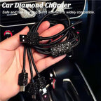 Bling Dual USB Car Charger with 3-in-1 Multi Fast Charging Cable, Dual Port Charger Adapter with Type C Micro USB Cord for iPhone, Android, Rhinestones Car Interior Accessories for Women(Black)