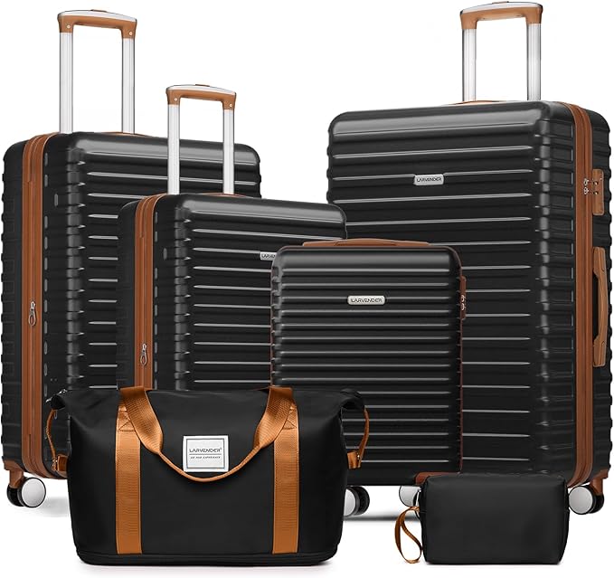 LARVENDER Luggage 6 Piece Expandable Luggage ABS Hardshell Carry on Suitcase with Spinner Wheels TSA Lock, Large Checked Travel Suitcase for Women and Men, Black Brown(16/20/24/28/DB/TB)