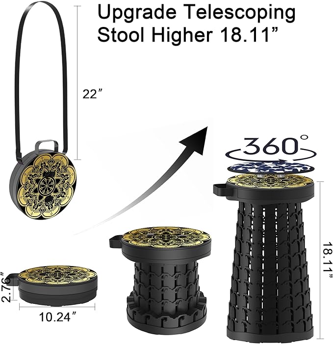ALEVMOOM Upgraded Telescoping Collapsible Stool with Cushion, Folding Stool with Printing Portable Retractable Foldable Seat Max Load 600lbs for Adults Camping Fishing Outdoor