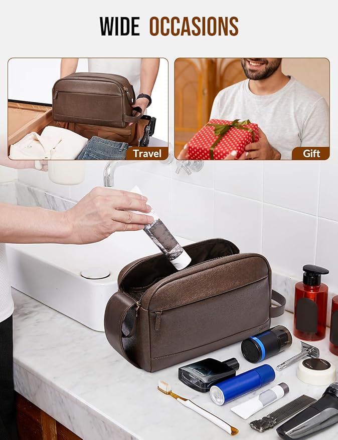 Large PU Leather Toiletry Bag for Men - Water Resistant Travel Bag for Toiletries, Bathroom Essentials, Accessories - Dark Brown