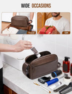 Large PU Leather Toiletry Bag for Men - Water Resistant Travel Bag for Toiletries, Bathroom Essentials, Accessories - Dark Brown