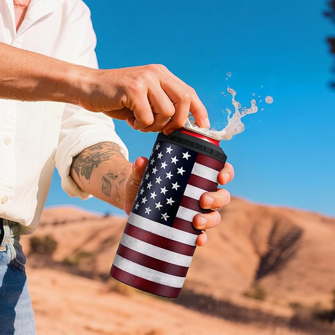 3 in 1 Slim Can Cooler for 12 OZ Skinny Can, Regular Can & Beer Bottle - Keep Cold for 6 Hours - Double Walled Insulated Stainless Steel Vacuum Beverage Insulator (US Flag)