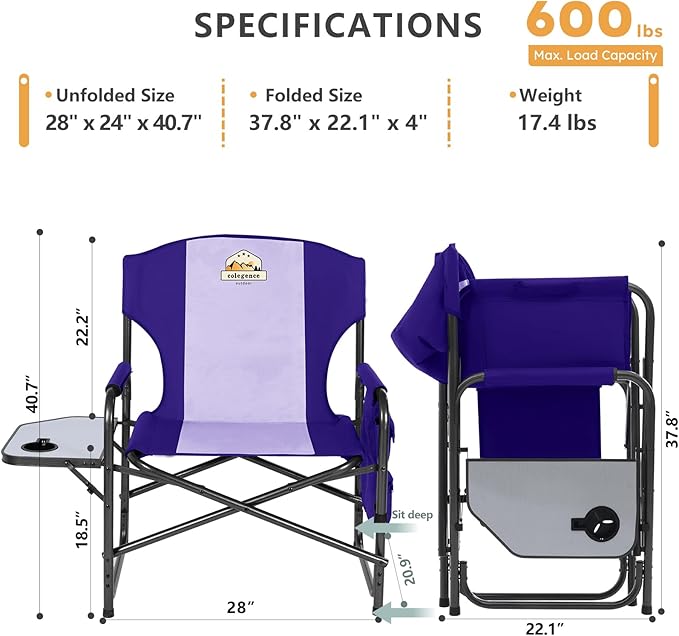Colegence Oversized Directors Camping Chair Set of 2 Support 600 LBS, Heavy Duty Folding Outdoor Chairs with Side Pocket and Adjustable Side Table for Outside Beach,Lawn,Fishing, Deep Purple